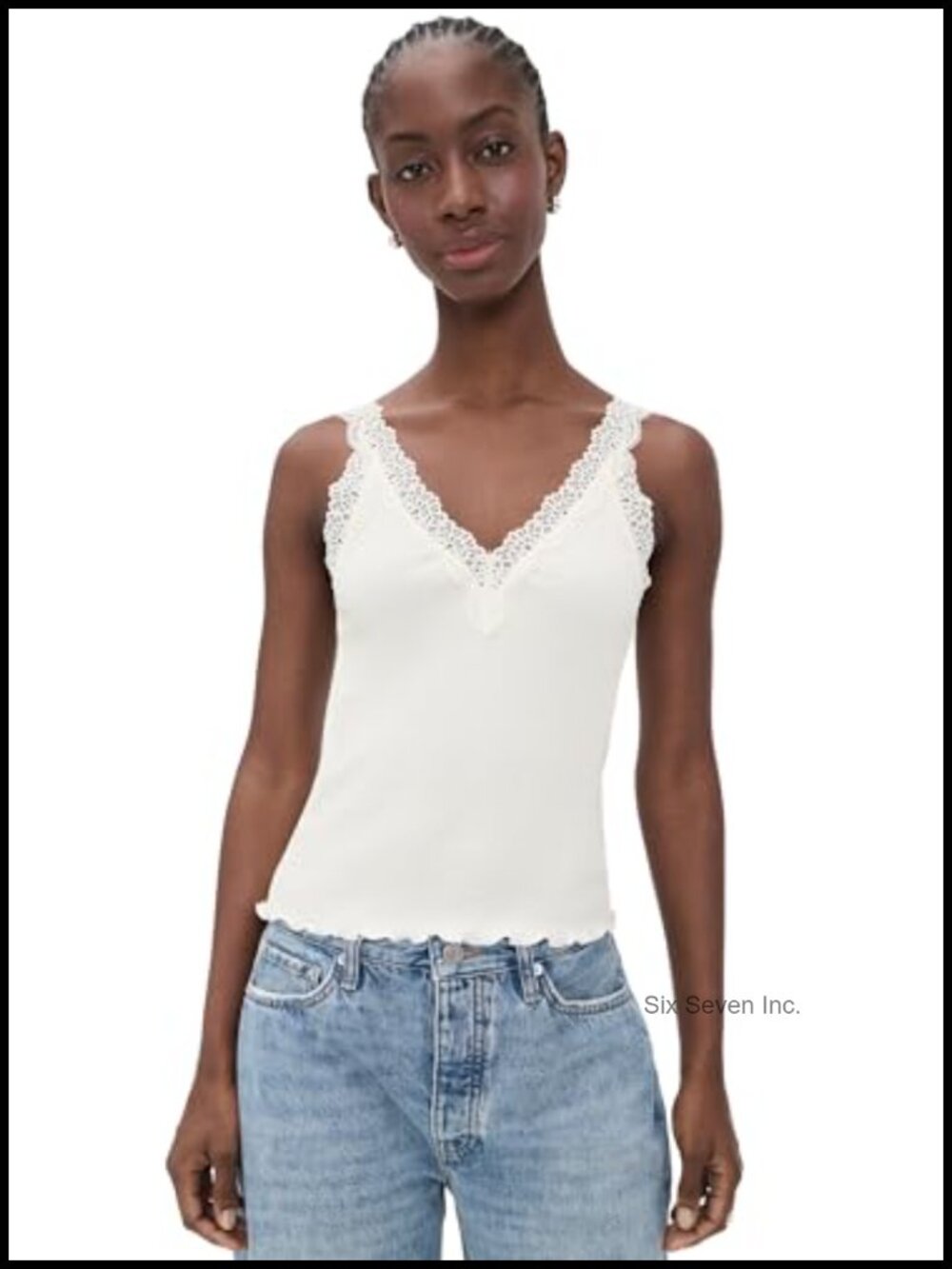 Ribbed V-Neck Tank Top with Lace Trim Lettuce Hem